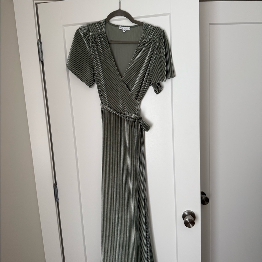 Baltic Born- Andi Dusty Sage Ribbed Velvet Wrap Dress